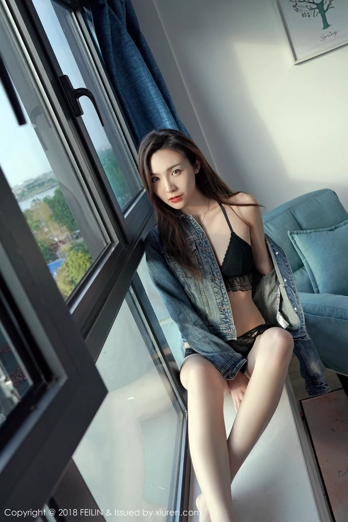 秀人集.com_[FeiLin嗲囡囡]Vol.147_美女主播Hana妹半脱牛仔衣性感黑色蕾丝内衣诱惑写真40P