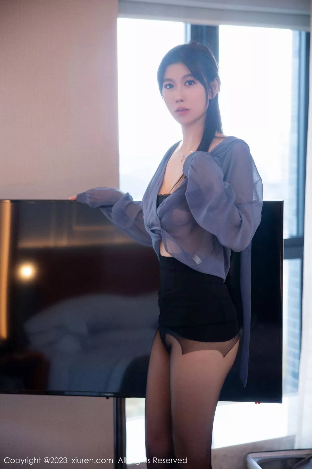 秀人集.com_[XiuRen秀人网]No.6122_模特李雅柔蓝色薄纱上衣配黑短裙露黑色内衣超薄黑丝诱惑写真62P