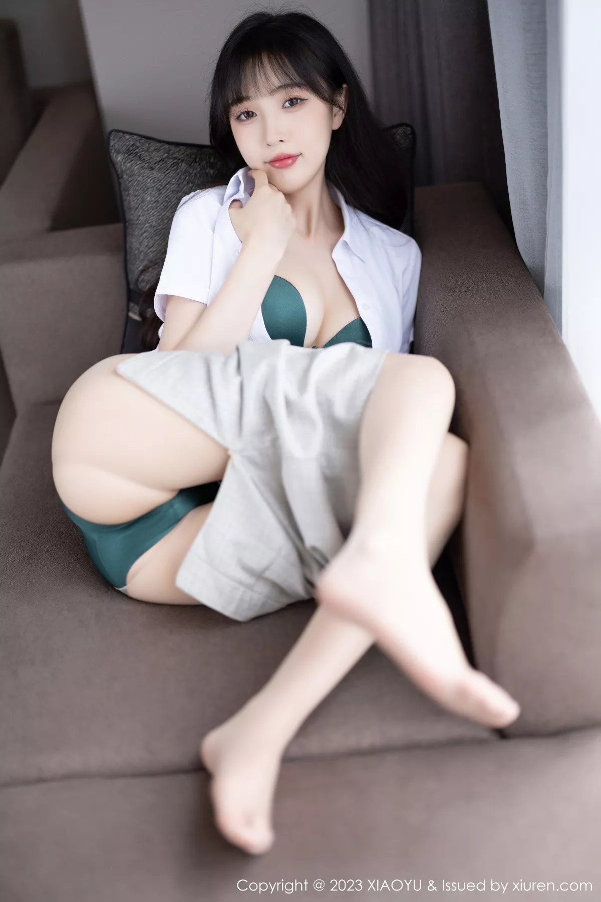 秀人集.com_[XiaoYu画语界]Vol.1034_模特林星阑半脱Ol职业装露性感墨绿色内衣配原色丝袜诱惑写真87P